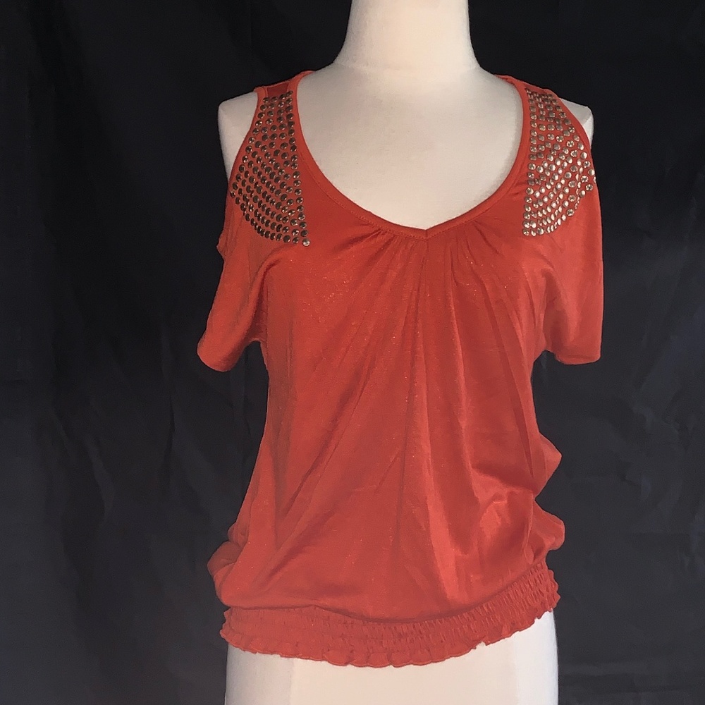 Cold Shoulder Short Sleeve Top w/ Studs- Orange